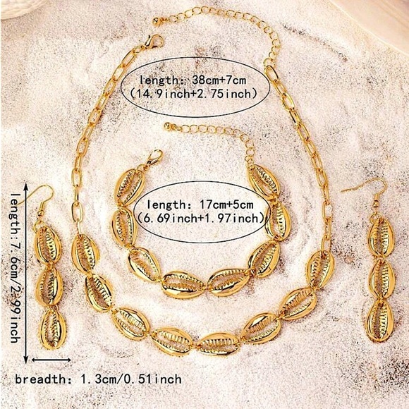 Gold Shell Necklace Bracelet Earrings Set, Gold Plated, Summer Vacation - Picture 5 of 5